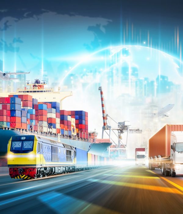 Global business logistics technology network distribution on world map background, Smart logistics import export and transportation industrial concept of container cargo freight ship, Truck on highway